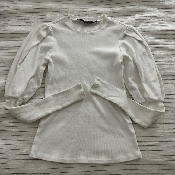 Veronica Beard Lyon Top White Ribbed Puff Long Sleeve Top - Picture 6 of 11